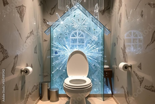 A toilet with a house of glass inspired design featuring a stunn photo