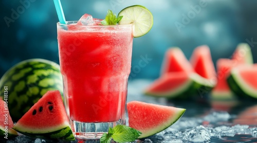 Refreshing watermelon agua fresca, ripe watermelon blended with ice, splash of lime juice, a hydrating fruity delight, perfect for hot days and summer gatherings