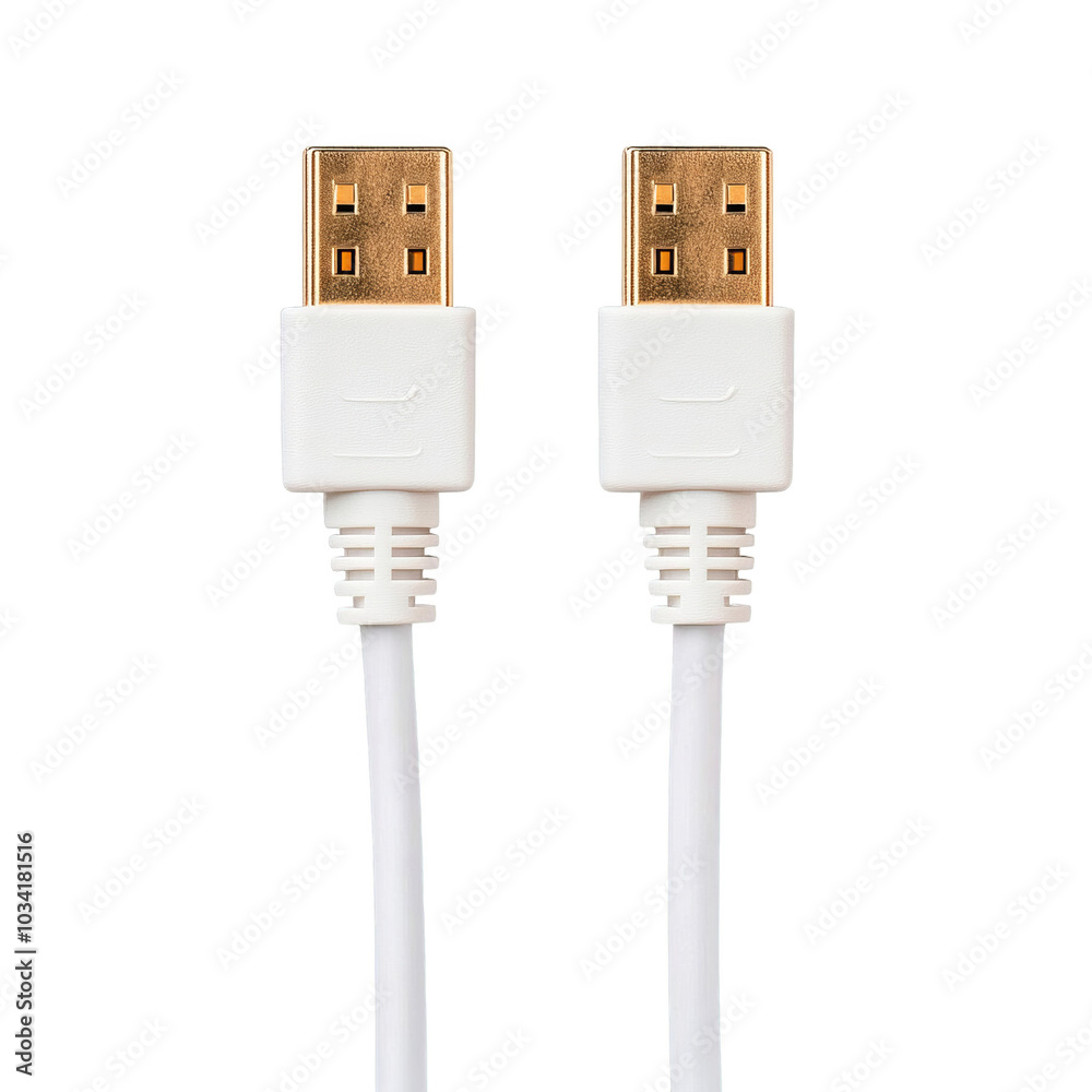 USB cable with gold-plated connectors, white isolated background.