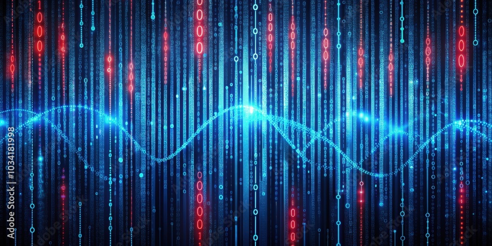 Fototapeta premium Waves in a blue matrix code structure with red dangerous code lines , technology, digital, programming, data