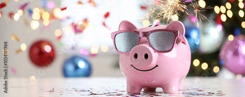 Festive Piggy Bank in Sunglasses Celebrating New Years Eve - Glitter Fireworks and Confetti Create a Fun Party Atmosphere