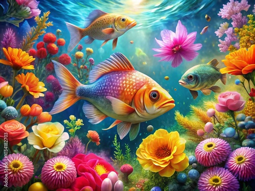 Vibrant Fish Among Flowers in a Magical Underwater Scene for Stunning Portrait Photography