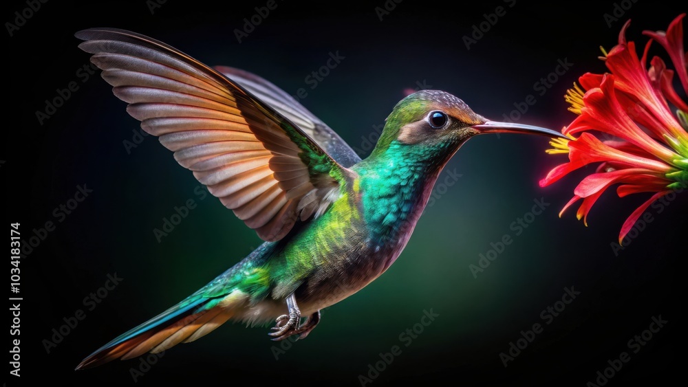Fototapeta premium A Hummingbird in Flight, Its iridescent Green and Blue Feathers Gleaming as It Sips Nectar from a Bright Red Flower with Delicate Petals