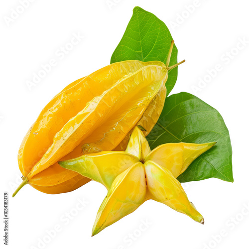 Bright yellow starfruit and carambola slices with green leaves, shot in natural light on a transparent background to showcase freshness