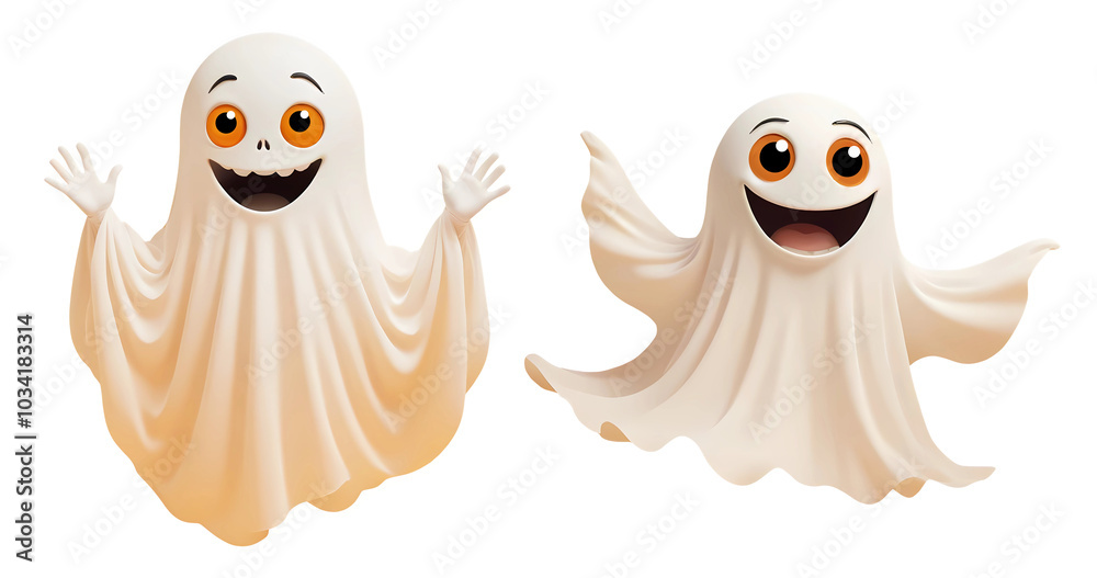 Fototapeta premium 3d rendering happy white ghost characters isolated on transparent background, PNG file add