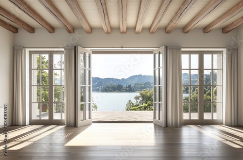 Scenic lake view from elegant living room with open French doors and wooden ceiling beams, ideal for interior design inspiration, real estate listings, vacation rental promotions, or luxury home decor