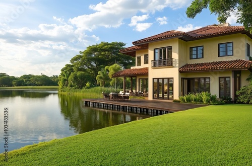 Beautiful lakefront villa with wooden deck and lush greenery, perfect for waterfront real estate listings, vacation rentals, outdoor living spaces, or tropical luxury home architecture showcases