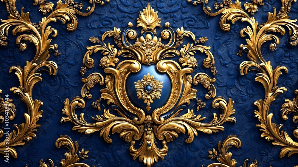 Continuous pattern, elegant damask wallpaper, sophisticated gold rococo scroll rich deep blue background. Continuous pattern, elegant damask wallpaper, sophisticated gold rococo scroll rich deep blue background.