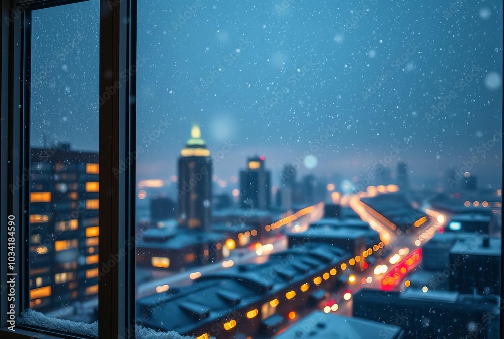 custom made wallpaper toronto digitalSnowfall and City Lights A window showing a cityscape with snow