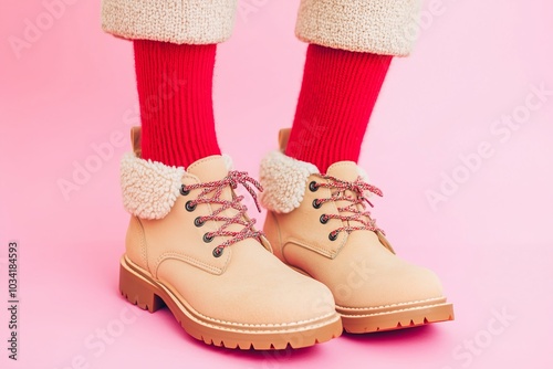 boots with soft shearling lining, paired with red knit socks. The mood is cozy and winter ready photo