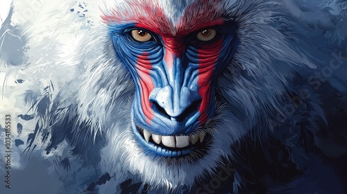 Mandrill face painted in blue and red on a dark background, closeup photo