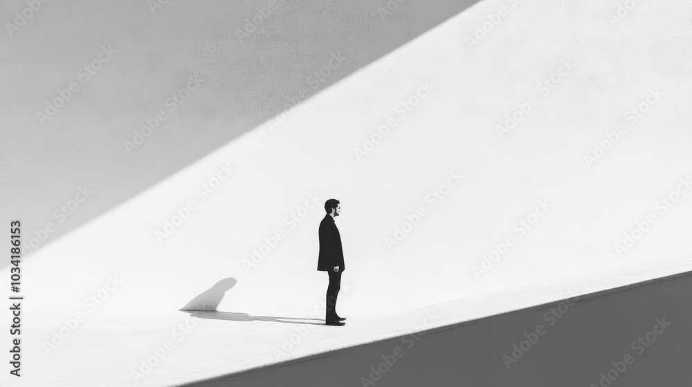 A man standing alone in a minimalist setting with sharp shadows A man standing alone in a minimalist setting with sharp shadows