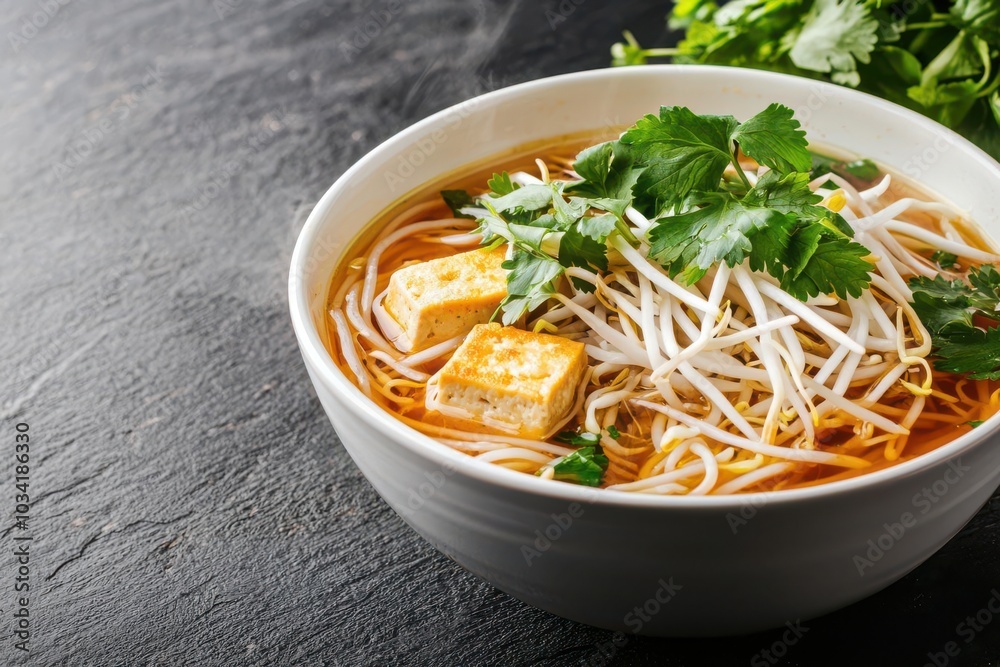 A bowl of steaming hot vegan Thai noodle soup, with crispy tofu, bean sprouts, and fresh coriander on top A bowl of steaming hot vegan Thai noodle soup, with crispy tofu, bean sprouts, and fresh coriander on top