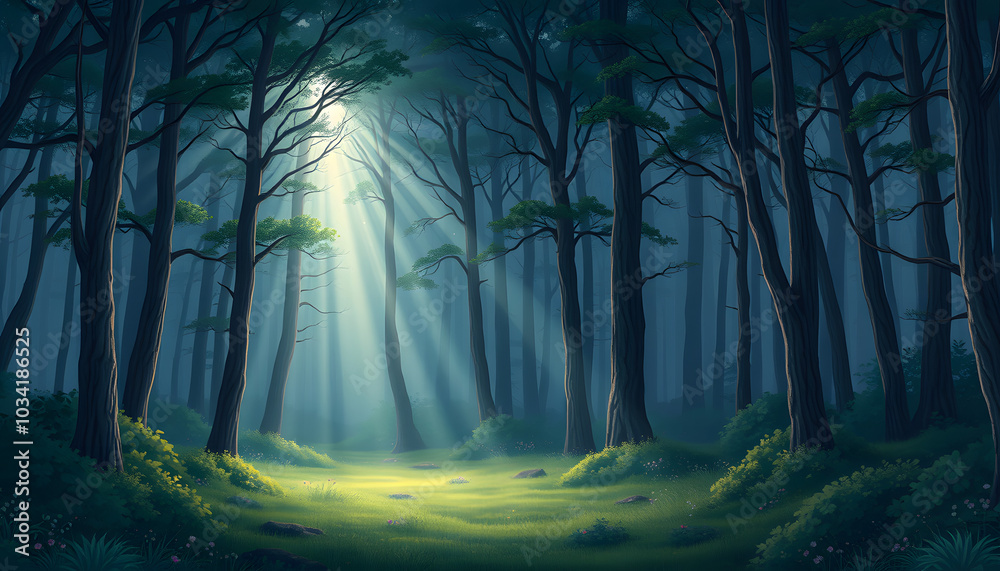 Obraz premium The light rays through the fog among the trees on the night forest glade. Fairytale magic background isolated with white highlights, png