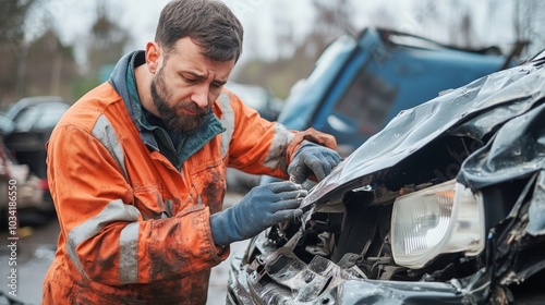 Auto Body Repair Expert Restoring Vehicle from Collision Damage, skilled technician meticulously repairing dented panels, ensuring vehicle safety and aesthetics are restored.