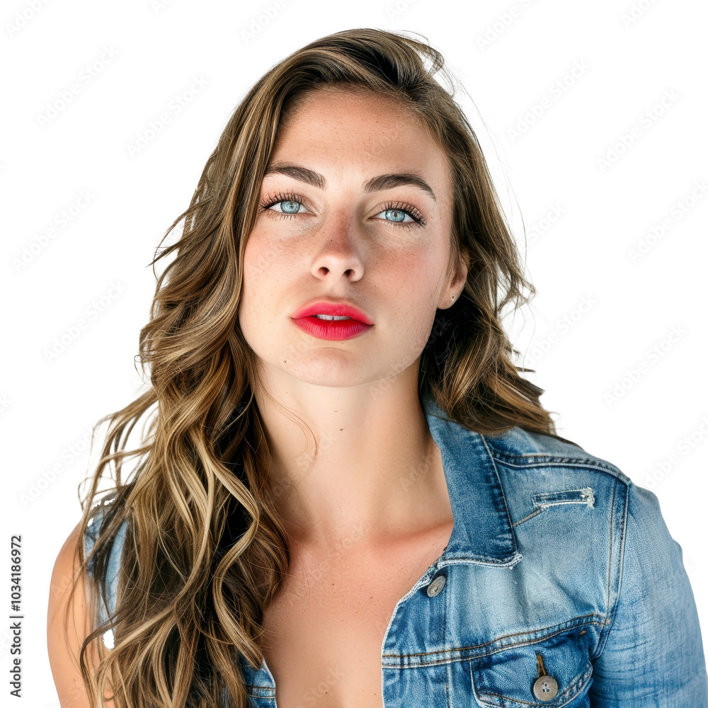 A woman with long brown hair and captivating green eyes poses calmly against a bright transparent background in a soft, natural light setting A woman with long brown hair and captivating green eyes poses calmly against a bright transparent background in a soft, natural light setting