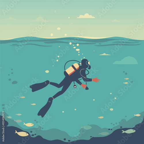 Diver oxygen tank diving. Blue underwater world. Vector illustration