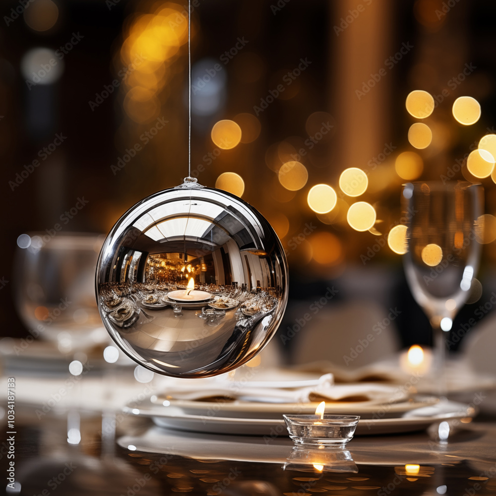 Christmas dinner setting with a festive table an elegant bokeh candlelight and mirroring bauble. Christmas dinner setting with a festive table an elegant bokeh candlelight and mirroring bauble.