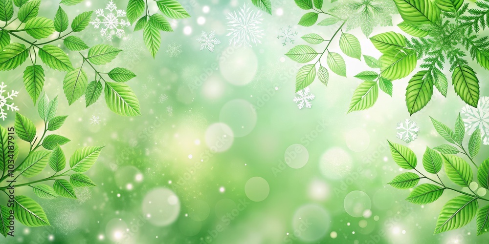 A serene background filled with green leaves and delicate snowflakes, winter, nature, seasonal, cold, frost, foliage A serene background filled with green leaves and delicate snowflakes, winter, nature, seasonal, cold, frost, foliage
