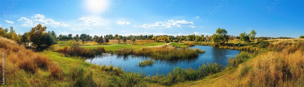 Serene landscape with a winding river, lush greenery, and blue skies. Serene landscape with a winding river, lush greenery, and blue skies.