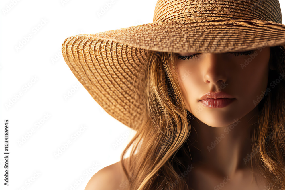 Portrait of a woman wearing a wide-brim straw hat, exuding elegance and mystery against a white background. Portrait of a woman wearing a wide-brim straw hat, exuding elegance and mystery against a white background.