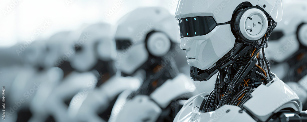 Fototapeta premium Robots in futuristic setting showcase advanced technology and design, highlighting integration of artificial intelligence in industrial applications