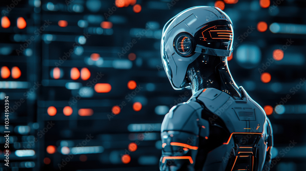 futuristic robot stands against backdrop of glowing data lines and AI driven interfaces, showcasing advanced technology and innovation. scene evokes sense of curiosity and exploration futuristic robot stands against backdrop of glowing data lines and AI driven interfaces, showcasing advanced technology and innovation. scene evokes sense of curiosity and exploration