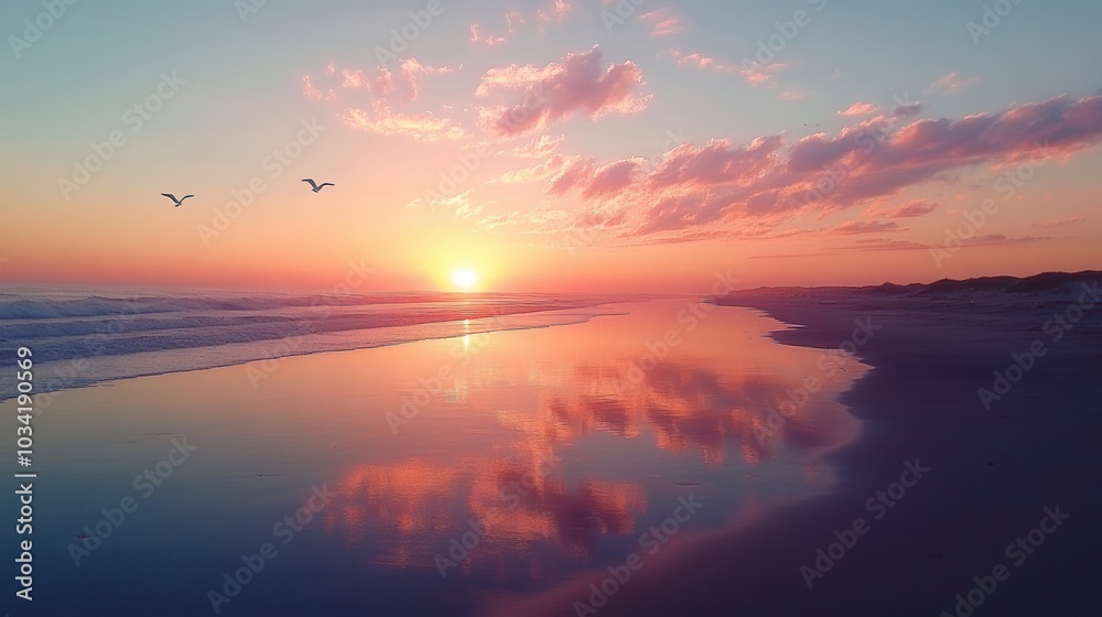 A stunning sunset over a tranquil beach, with vibrant colors reflecting on calm waters and birds silhouetted against the sky.