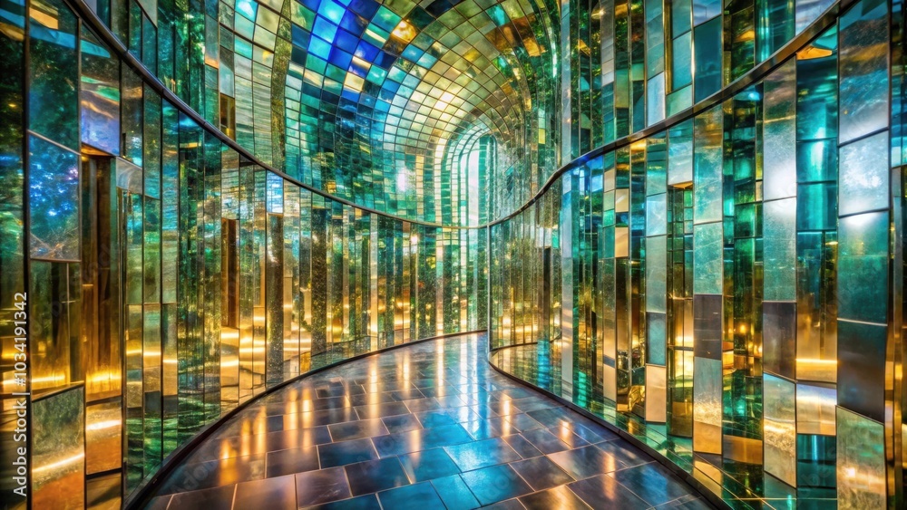A curved corridor lined with shimmering mosaic glass tiles creates a dazzling kaleidoscope of light and reflection. A curved corridor lined with shimmering mosaic glass tiles creates a dazzling kaleidoscope of light and reflection.