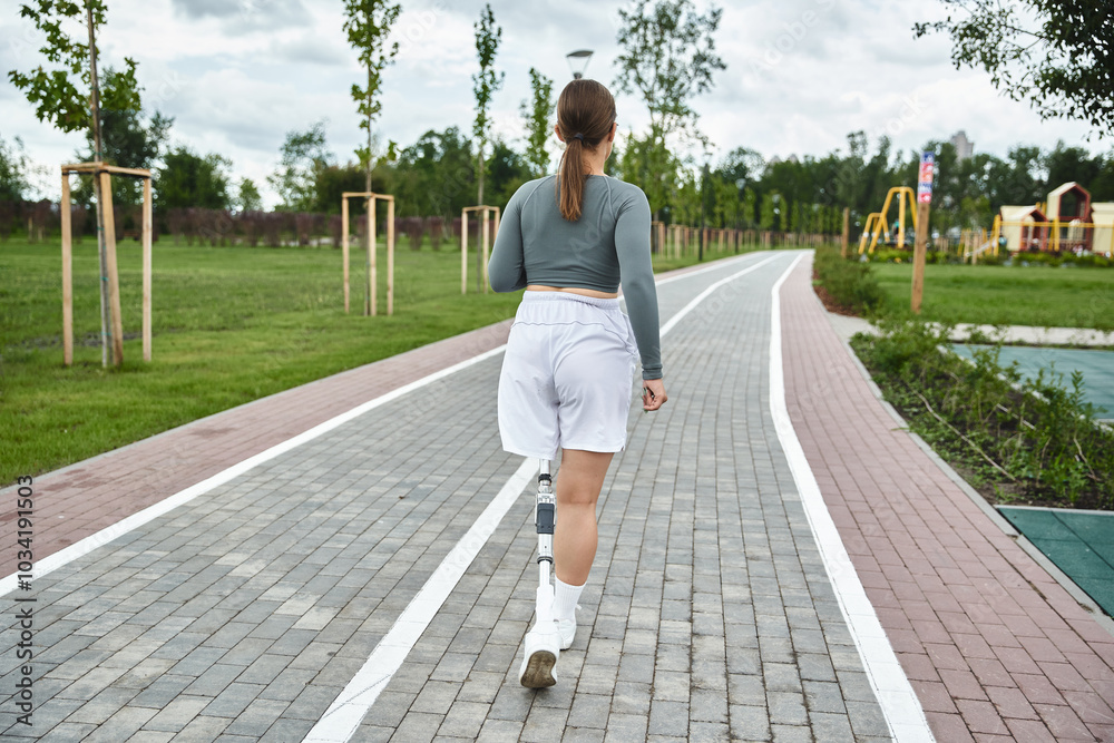 A determined young woman with a prosthetic leg exercises outdoors in casual sportswear, embracing nature. A determined young woman with a prosthetic leg exercises outdoors in casual sportswear, embracing nature.