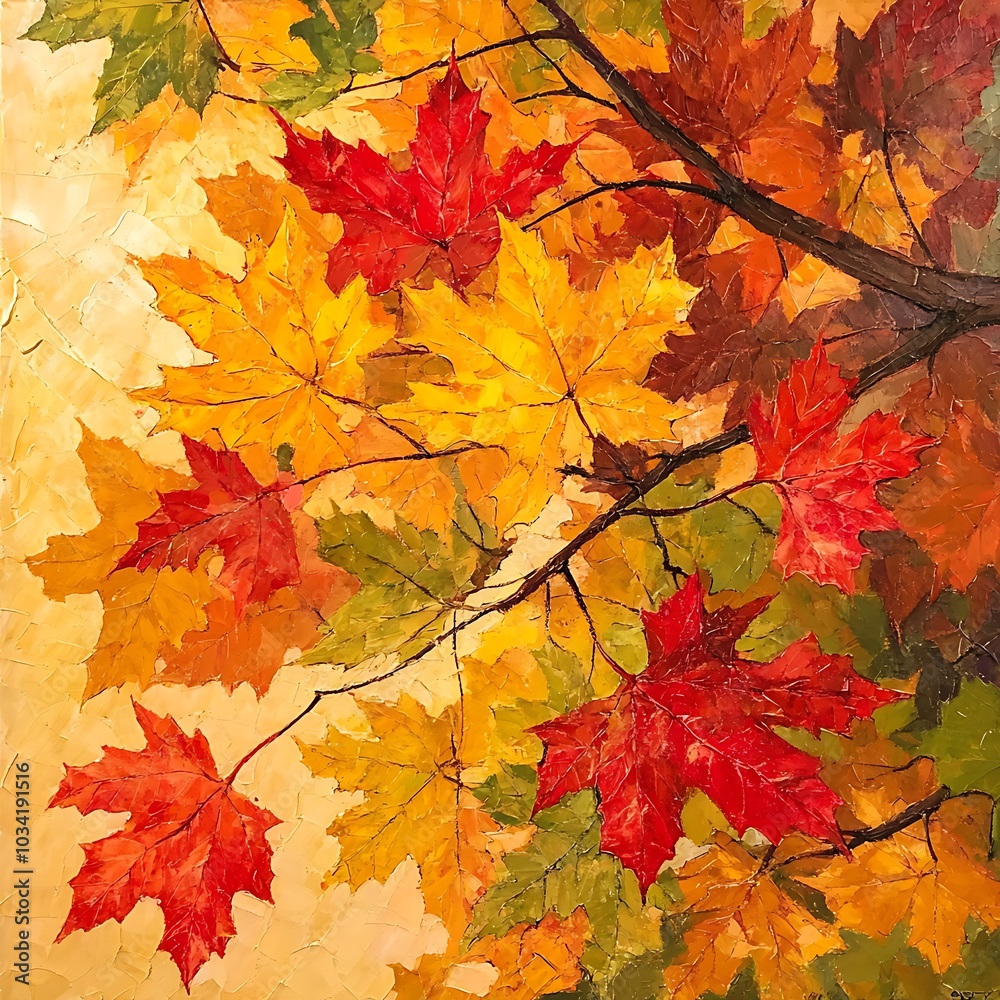 A vibrant display of autumn leaves in shades of red, orange, and yellow against a soft background. A vibrant display of autumn leaves in shades of red, orange, and yellow against a soft background.