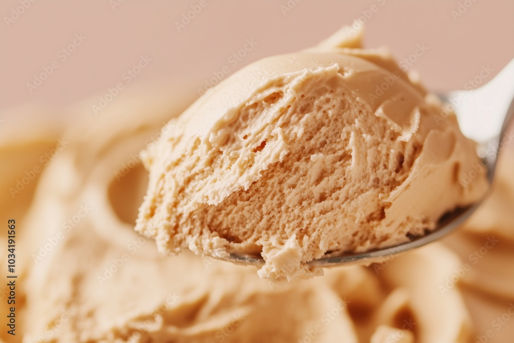 creamy espresso frosting being scooped by a spoon. The texture is rich and smooth creamy espresso frosting being scooped by a spoon. The texture is rich and smooth
