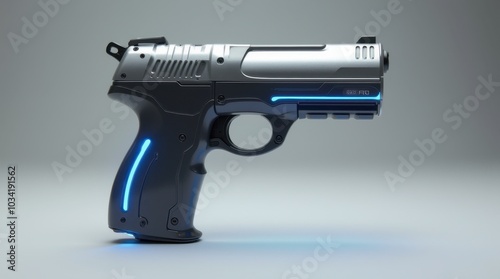 A compact high-tech laser pistol featuring a sleek metallic chrome finish that gleams under the light. The design incorporates glowing blue accents along the barrel and grip.