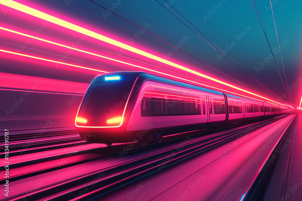 Naklejka premium Futuristic train in motion with light trails