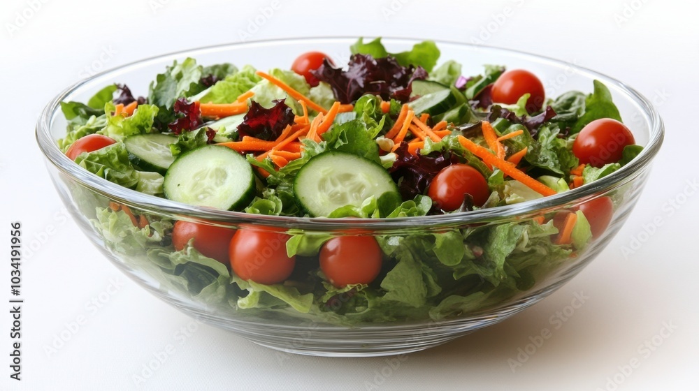 Fresh garden salad with a mix of vibrant greens, cherry tomatoes, cucumbers, and shredded carrots, served in a clear bowl on a light background Fresh garden salad with a mix of vibrant greens, cherry tomatoes, cucumbers, and shredded carrots, served in a clear bowl on a light background