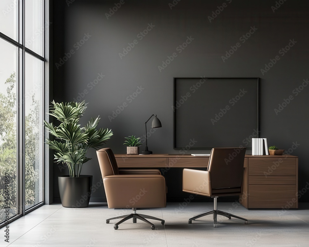 Highend executive office with leather furniture, abstract art, and large windows, luxury workspace, executive interior design Highend executive office with leather furniture, abstract art, and large windows, luxury workspace, executive interior design