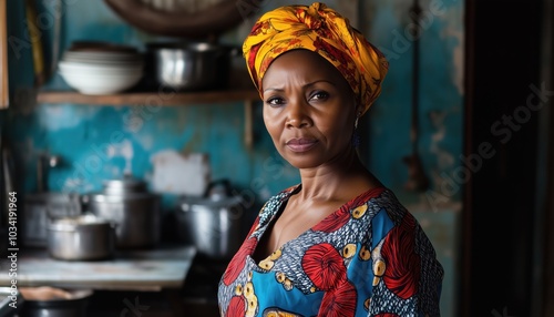 Proud African American Woman In Colorful Garifuna Dress Standing In Kitchen, Gazing At Camera: Portrait Of Adult Female.