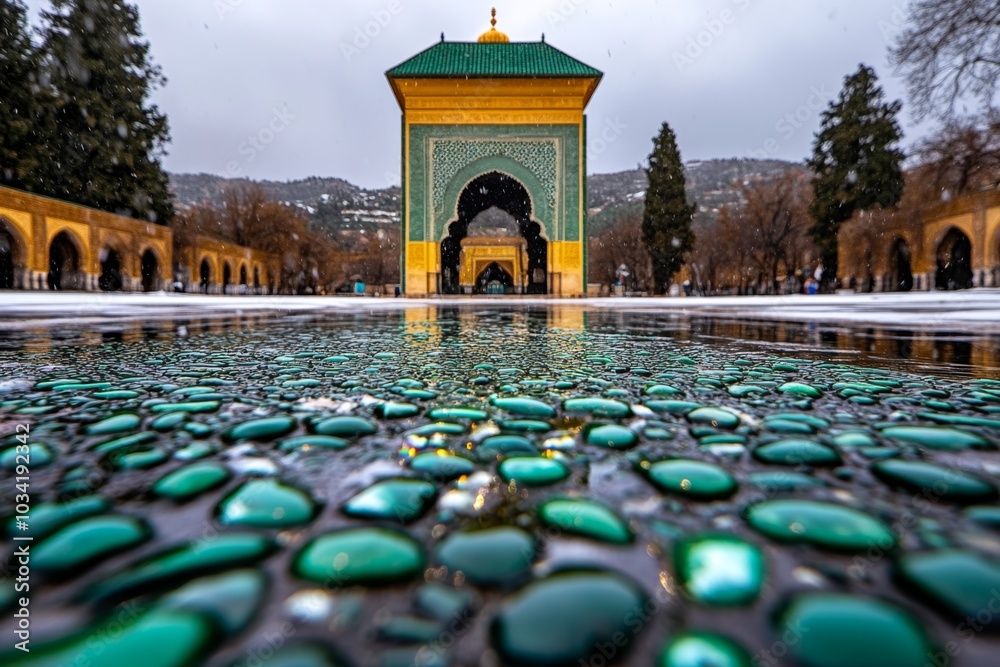 Fototapeta premium A Moroccan courtyard in winter, with green tile mosaics glistening after a light drizzle