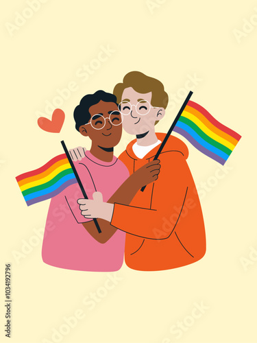 A vector illustration of two animated characters embracing each other, holding a rainbow flag
