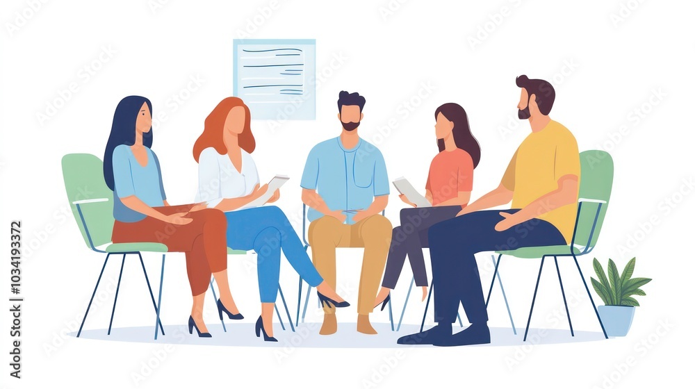 A group of five people sitting in a circle and having a discussion, looking at each other. They are sitting on chairs and there is a plant in a pot in the corner. A group of five people sitting in a circle and having a discussion, looking at each other. They are sitting on chairs and there is a plant in a pot in the corner.