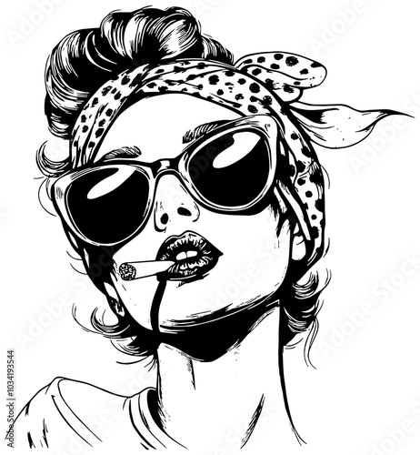 Illustration in black of a woman wearing a bandana, sunglasses and smoking a cigarette