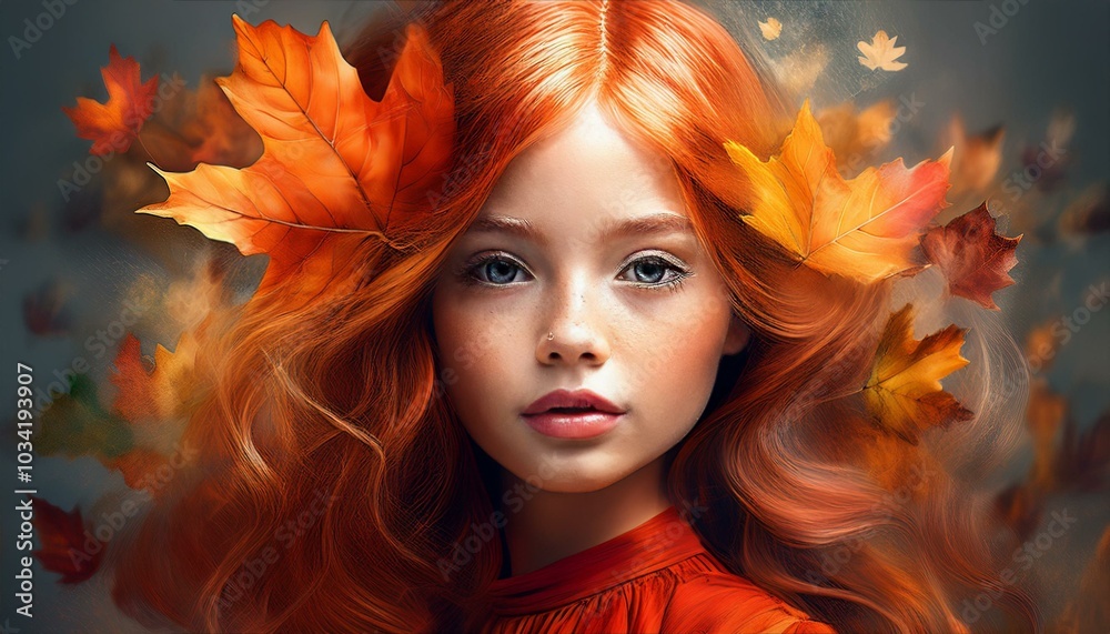 Fototapeta premium portrait of a girl with red hair and autumn leaves