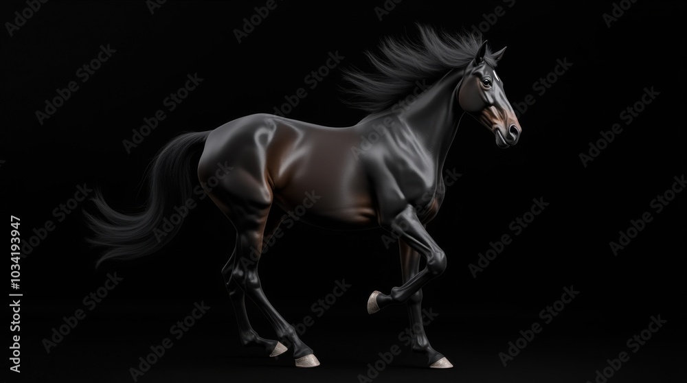 A striking black Friesian horse is captured mid-trot, showcasing its powerful and graceful movement. The horse's long mane flows dramatically in the wind, adding to the sense of motion and elegance. A striking black Friesian horse is captured mid-trot, showcasing its powerful and graceful movement. The horse's long mane flows dramatically in the wind, adding to the sense of motion and elegance.
