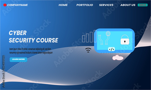 Landing page template design for cybersecurity courses with a wave background and monitor screen. Modern and professional, suitable for the promotion of online courses related to digital security.