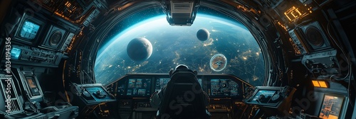 Pilot in spaceship control room