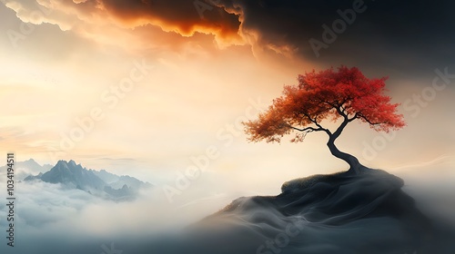 A lone tree standing on a hill, its branches swaying in the wind against a dramatic sky filled with swirling clouds. The image captures the essence of resilience in the face of change, embodying 