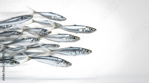 Vibrant group of schooling sardines in motion, showcasing their sleek bodies and shimmering scales as they swim together in dynamic formation