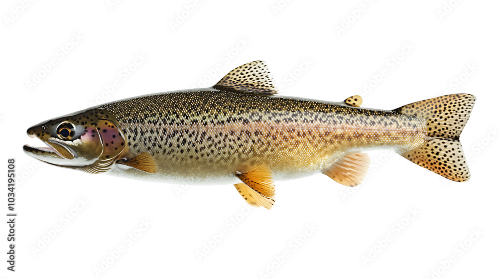 Realistic photo of sleek rainbow trout showcasing its vibrant colors and distinctive markings. This fish is often found in freshwater environments, making it popular catch for anglers Realistic photo of sleek rainbow trout showcasing its vibrant colors and distinctive markings. This fish is often found in freshwater environments, making it popular catch for anglers