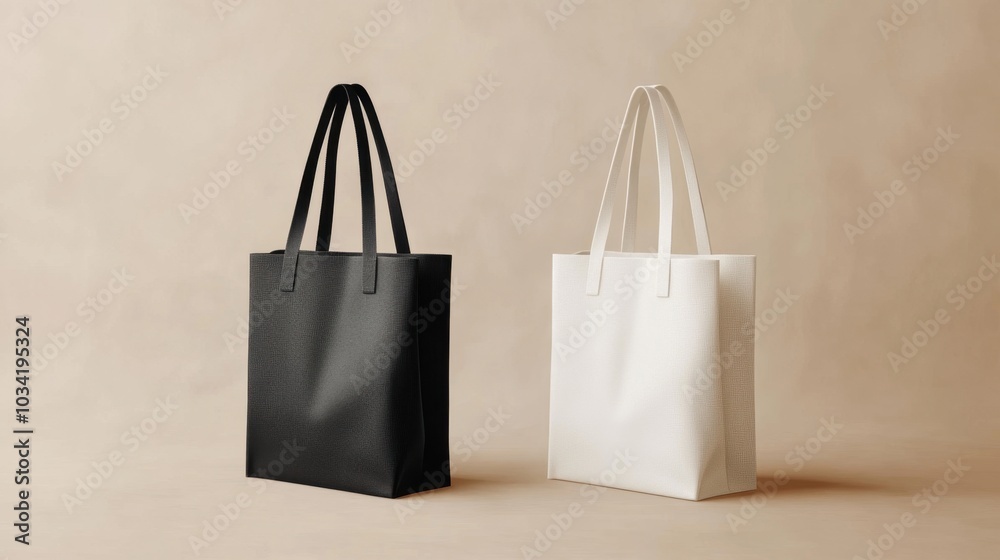 Minimalist white and black tote bags on a neutral background, providing ample space for custom logos or branding in a clean design. Minimalist white and black tote bags on a neutral background, providing ample space for custom logos or branding in a clean design.