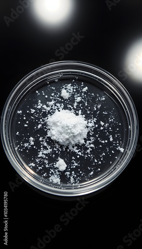 Tin dioxide in a petri dish, is the inorganic compound with the formula SnO, widely used in the manufacture of metal alloys because it is anticorrosive isolated with white highlights, png photo